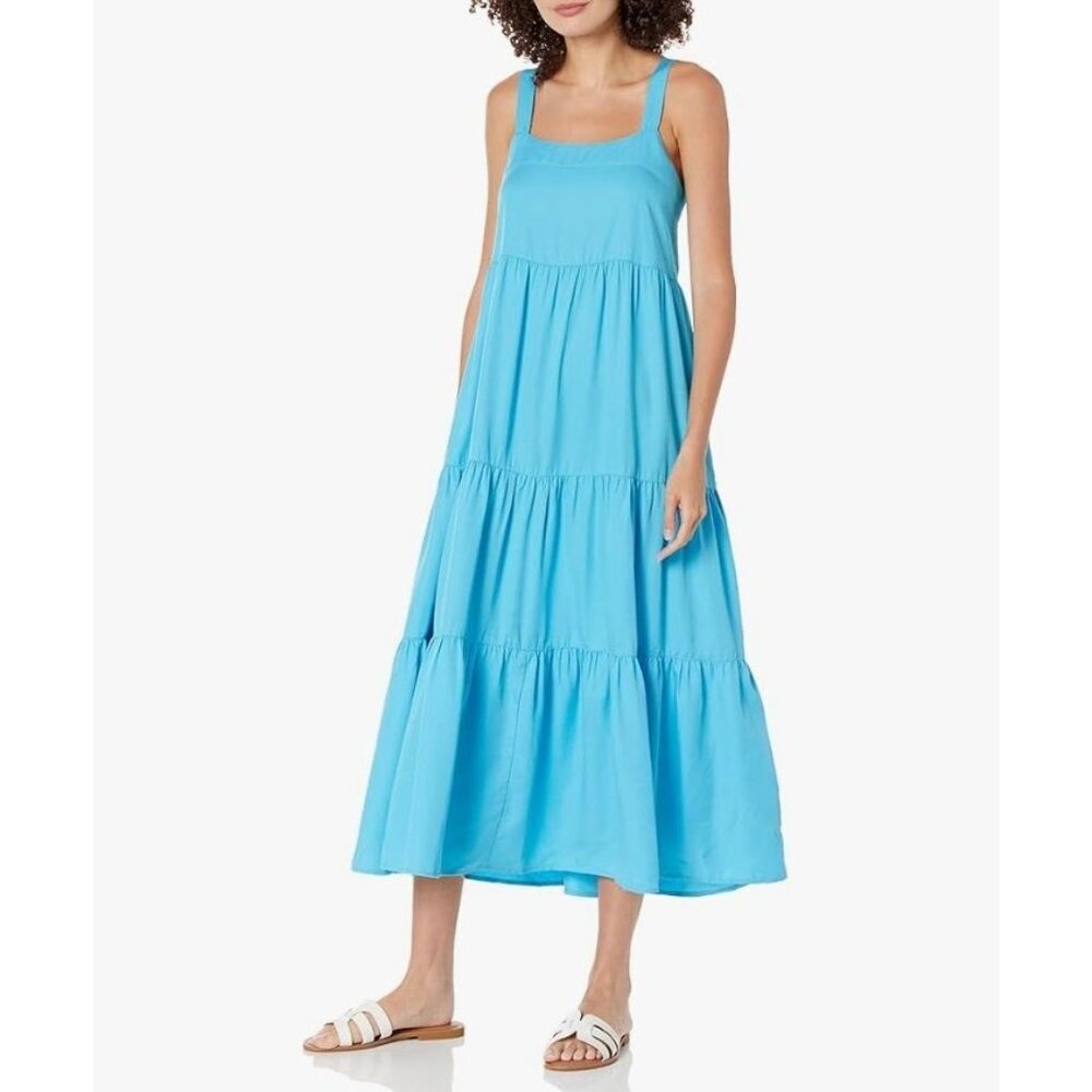 New The Drop Women's Britt Maxi Tent Dress in Tiered Design XXS Ocean Blue